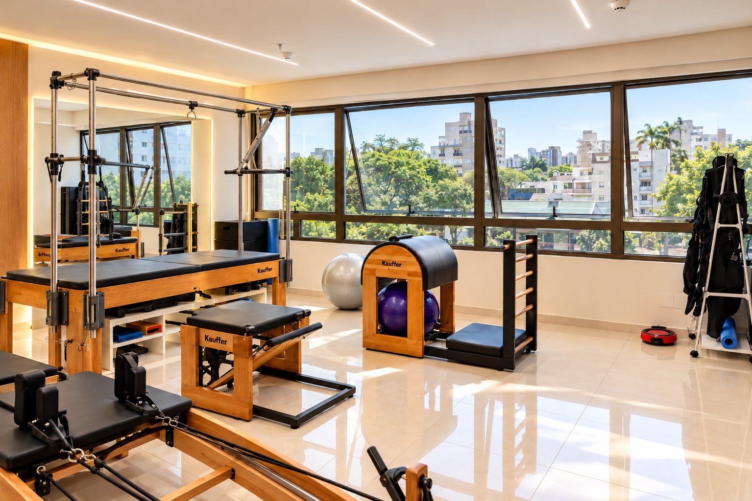 Sala de aula com aparelhos de Pilates